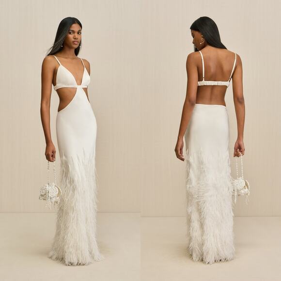 CULT GAIA Raisa silk Feather Gown off white Large - Picture 1 of 14